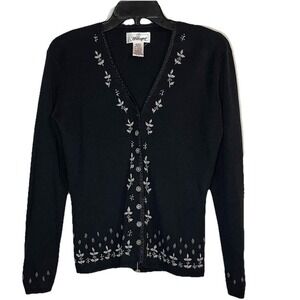 Vintage Worthington Cardigan Women Small Black Embroidered Sweater Floral Leaf